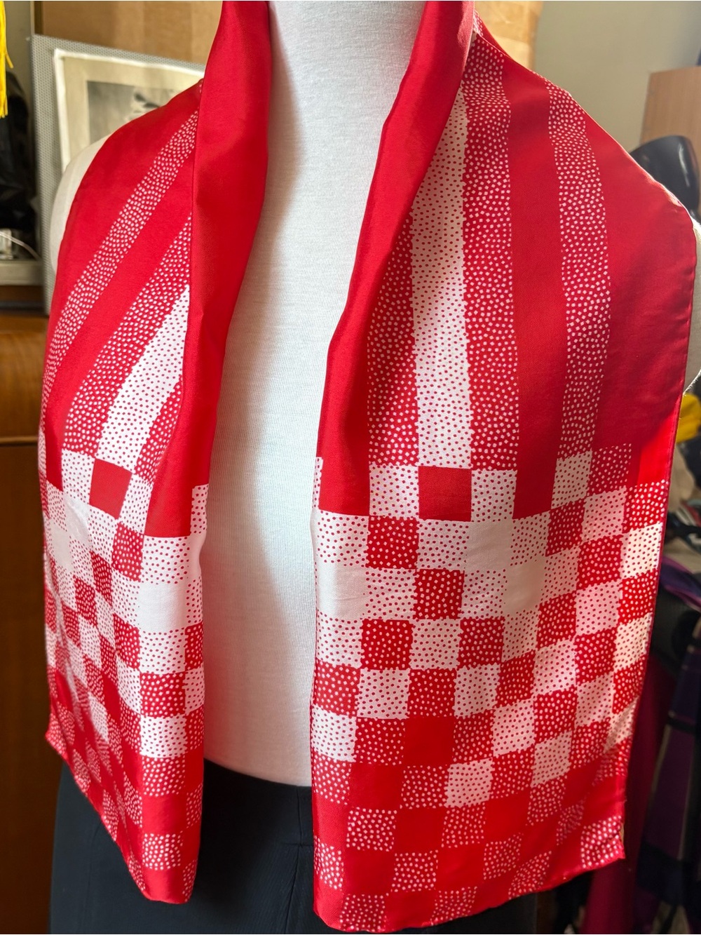 Vintage Echo Red & White Geometric Polka Dot Scarf Silk and Chinon, Japan 60-70s